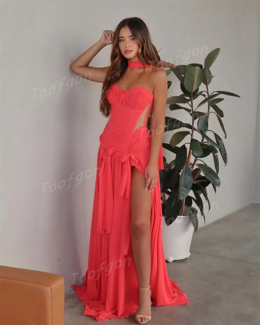 Toofgon الشيفون مخصص طويل فساتين لحضور الحفلات الموسيقية الرقبة التفاف الحبيب مناسبة رسمية حفلة سهرة فساتين النساء ملابس عيد ميلاد
