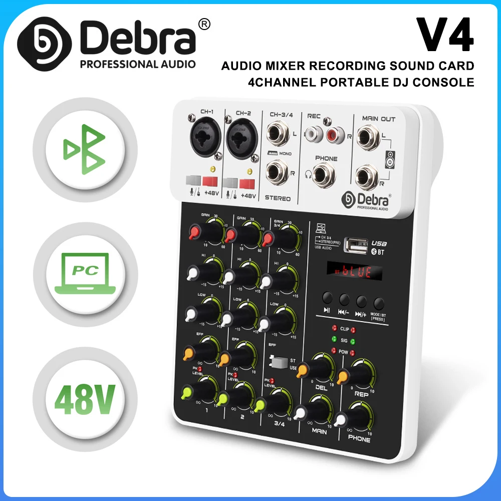 V4 Audio Interface Mixer with Bluetooth USB Recording Computer 48V Phantom Power Delayed Replay Effects, 4-Channel Audio Mixer