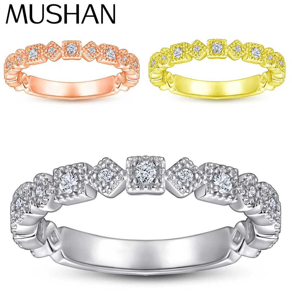 MuShan Brand Jewelry 925 Sterling Silver Ring Zircon 5A Grade Round Eternity for Bride 18K Real Gold Plated Fine Jewelry Rings