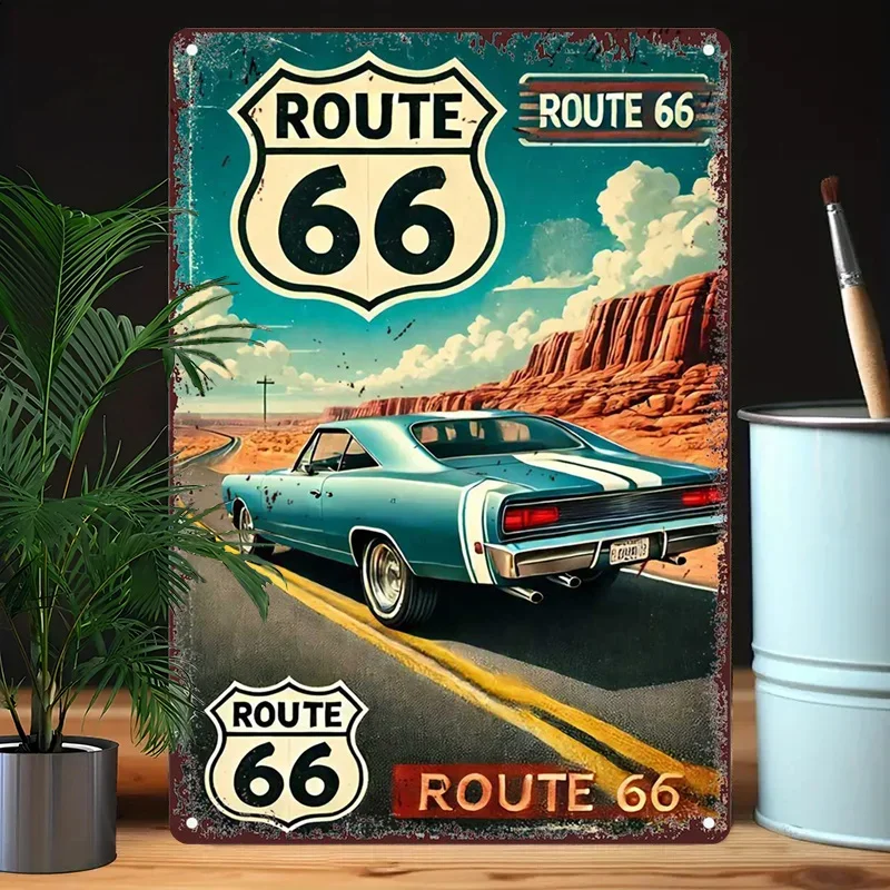 Vintage Route 66-Metallschild – Retro-Americana-Wandkunst mit klassischer Auto- und Wüstenlandschaft, langlebiges Eisendekor für Bar, Café, B