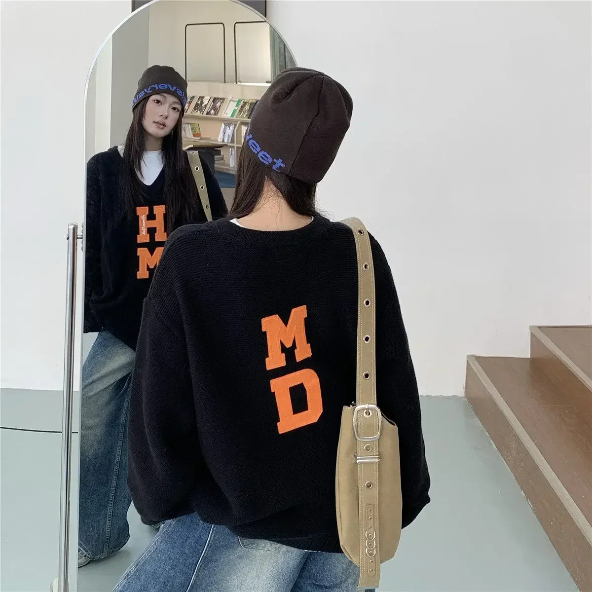 Human Made Unisex Appliqué Letter Sweater V-neck Oversized Ins Trendy Knitwear Casual Top Outerwear