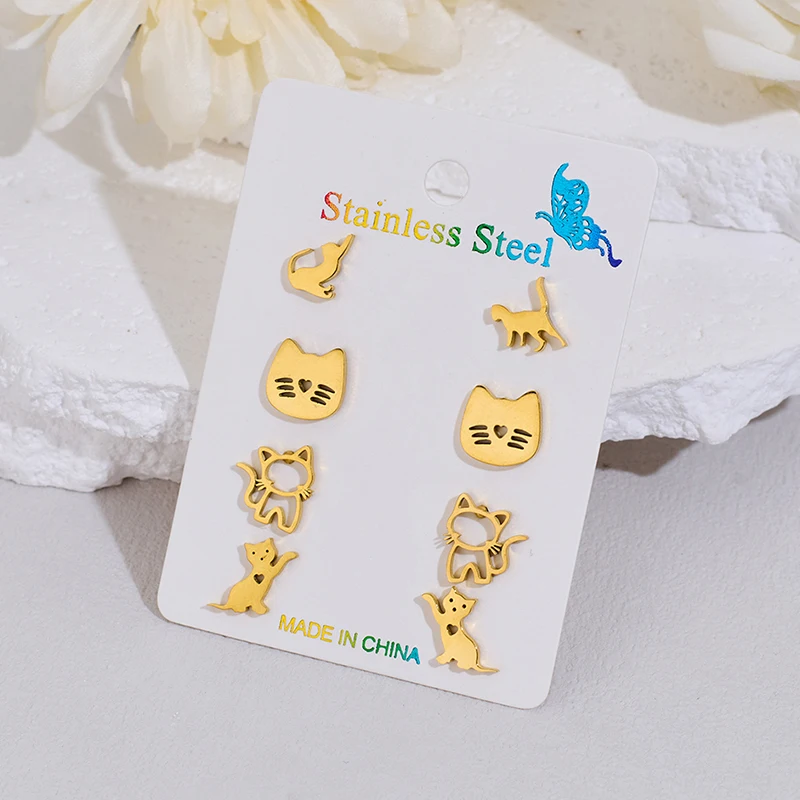 4Pairs/Lot Fashion Cute Happy Cat Earings for Women Cartoon Kitten Ear Jewelry Stainless Steel Cat Face Studs Gift Friends