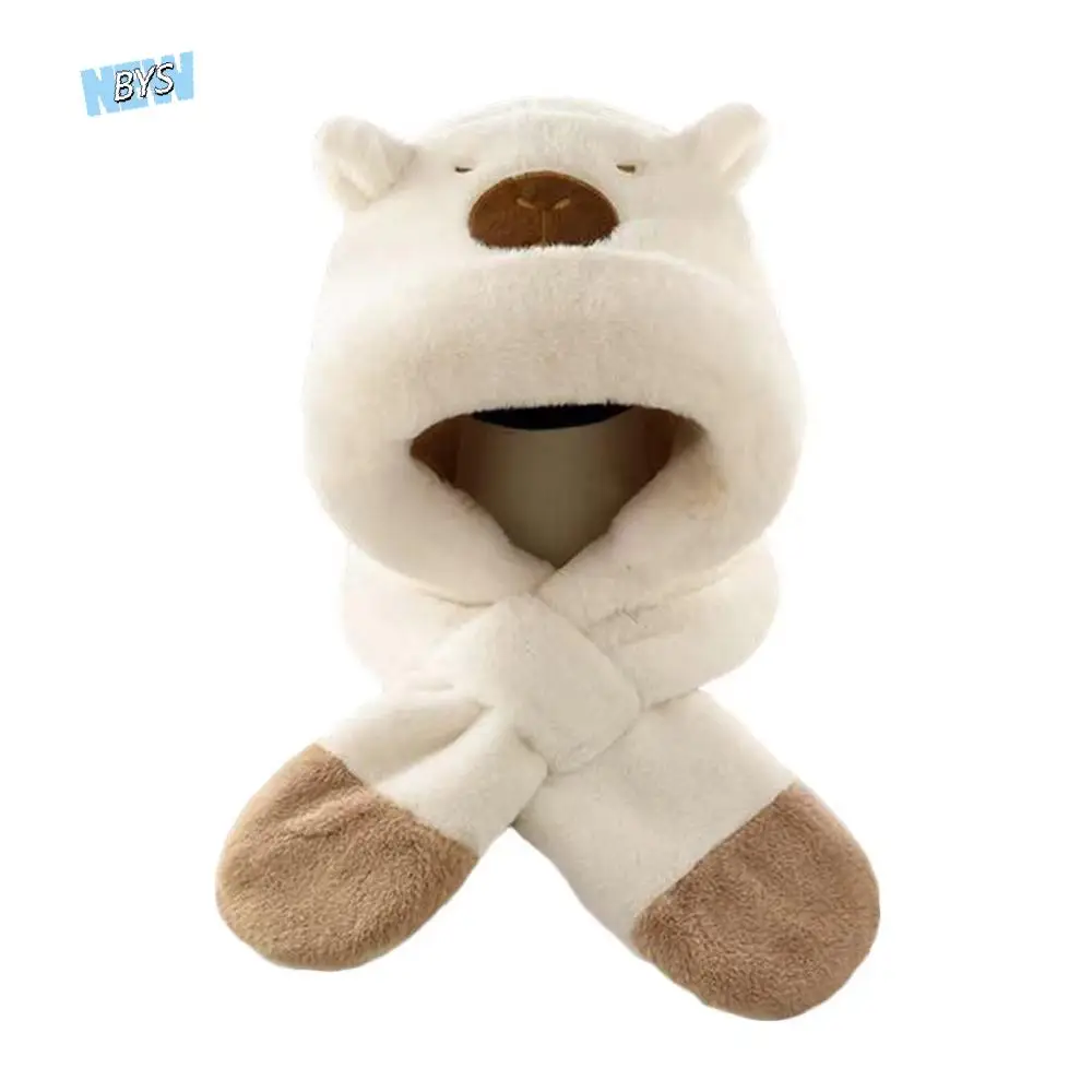 

Cute Winter Integrated Cap Scarf Thickened Windproof Capybara Hooded Scarf Set Integrated Fleece Lined Plush Hat Scarf Set