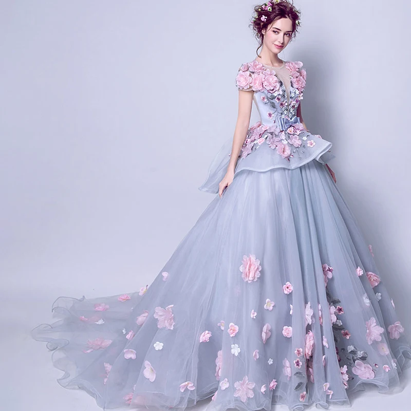 Vestidos de quinceañera grises 2 en 1, vestidos de graduación dulces 15, vestido de baile de fiesta de princesa 3D, flor rosa, Organza, cuello transparente, 2022