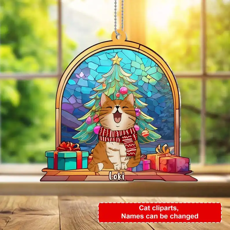 

Customize Cat Christmas Tree Suncatcher Ornament - Personalized Pet Family 3D Cat & Christmas Tree Suncatcher Decoration
