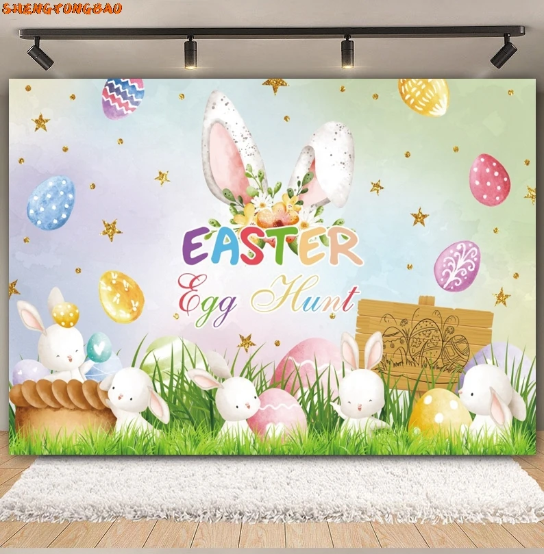 Vrolijk Pasen Achtergrond Lente Tuin Cartoon Konijnen Eieren Bloemen Groen Gras Bunny Pasen Baby Portret Fotografie Achtergrond