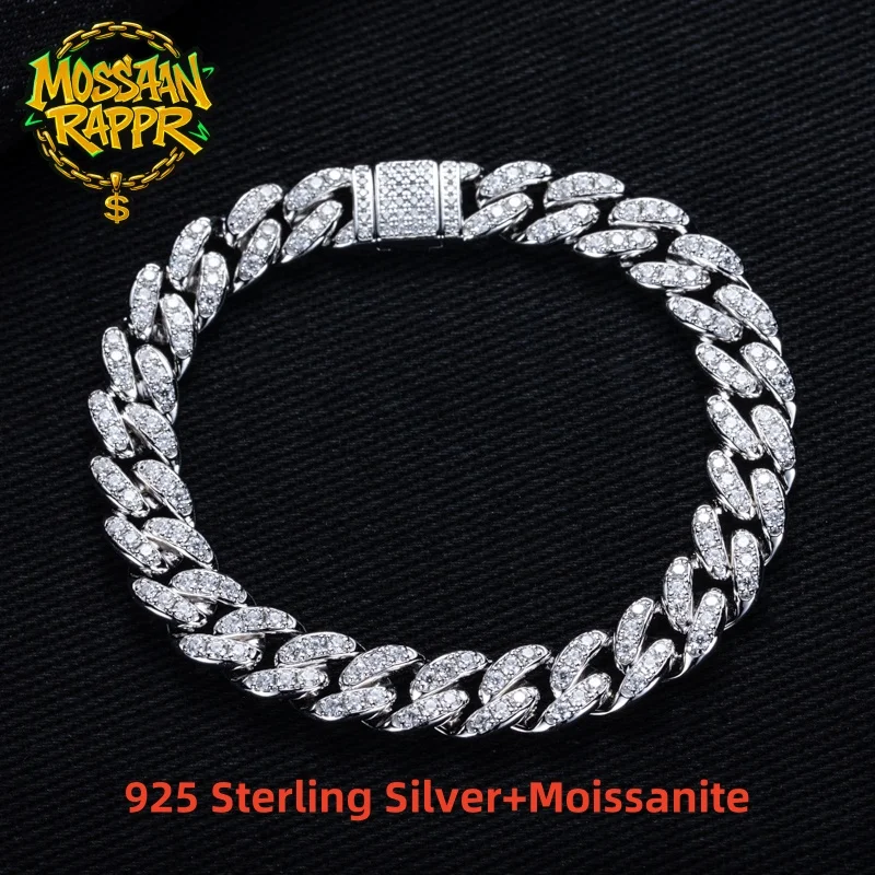 

MossanRappr 2.32-5.35cttw Moissanite Iced Out Cuban Link Chain Hip Hop Bracelet 925 Sterling Silver Trend Cool Jewelry for Men