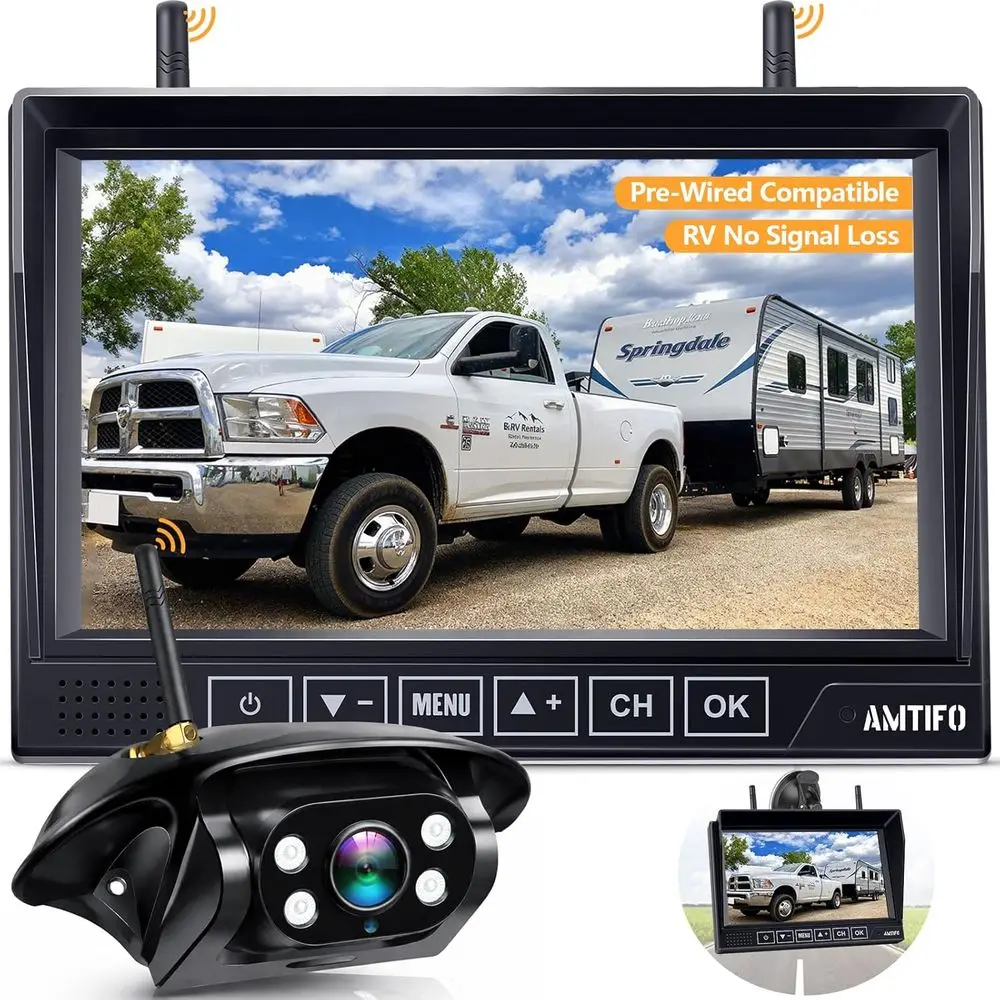 7 HD Touchscreen Monitor for RV Backup Cameras - Wireless Install, Plug & Play, 1080P DVR, 4-Channel Split Screen, Night Vision,