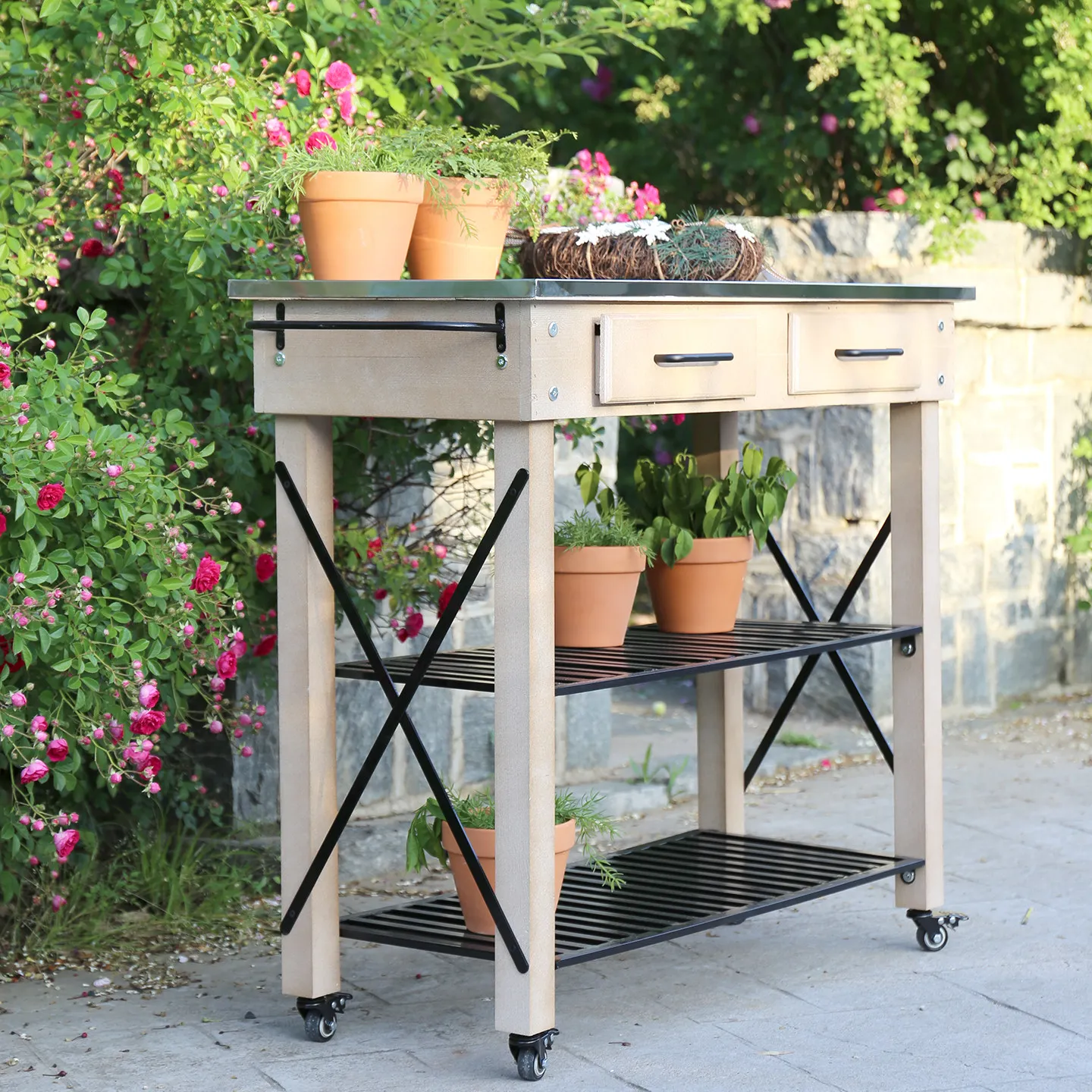 Customizable preservative wood table flower stand universal wheel mobile porch layer rack outdoor console storage
