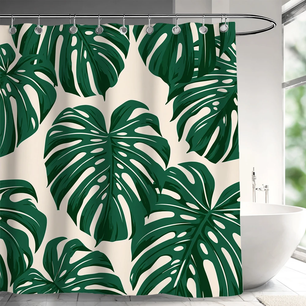 1pc Green Leaf Plant Shower Curtain Polyester Fabric - With Hooks Waterproof Mildew Proof Easy Install Washable Bathroom Curtain