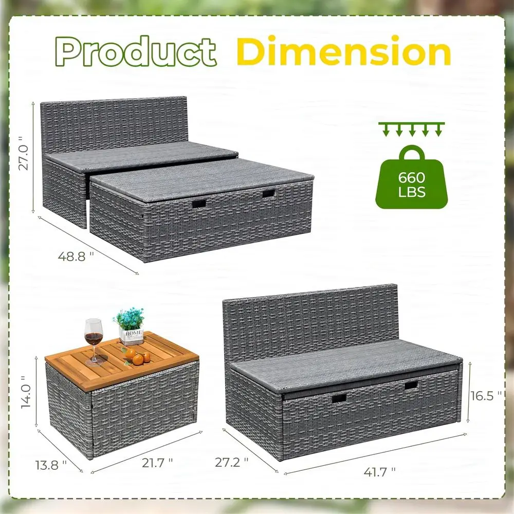 Outdoor Daybed Set Multiunctional Wicker Lounge Bed urniture with Two Side Tables, Cushions, Storage Bench or Porch Lawn Patio B