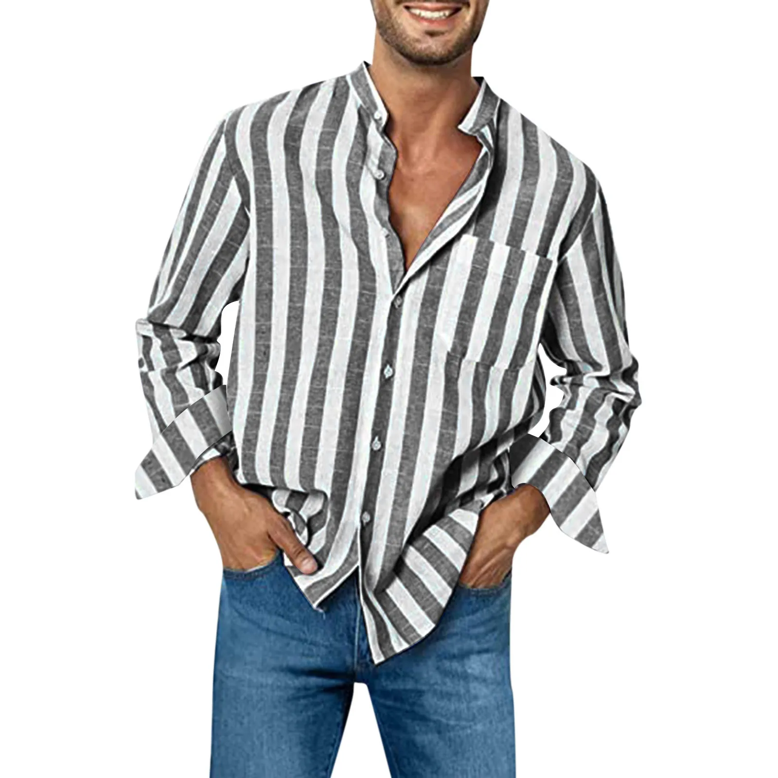 Plus Size Men Shirt Long Sleeve Loose High Elasticity Casual Dress-Up Stripe Printed Striped Shirts Linen Casual Buckle Top Male