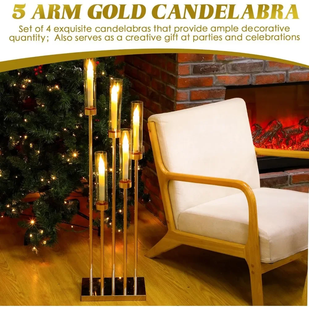 Candle Stick Holder 4 Pack Gold Floor Candelabra Centerpieces 42.5'' Tall Metal Candle Holders 5 Arms Candlestick With Acrylic