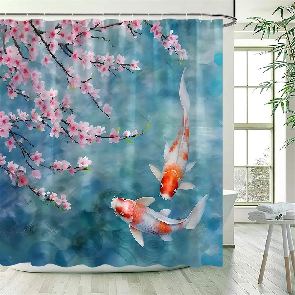 Pink Floral Carp Shower Curtains Watercolour Cherry Blossom Flowers Koi Fish Polyester Fabric Bathroom Curtain Decor with Hooks