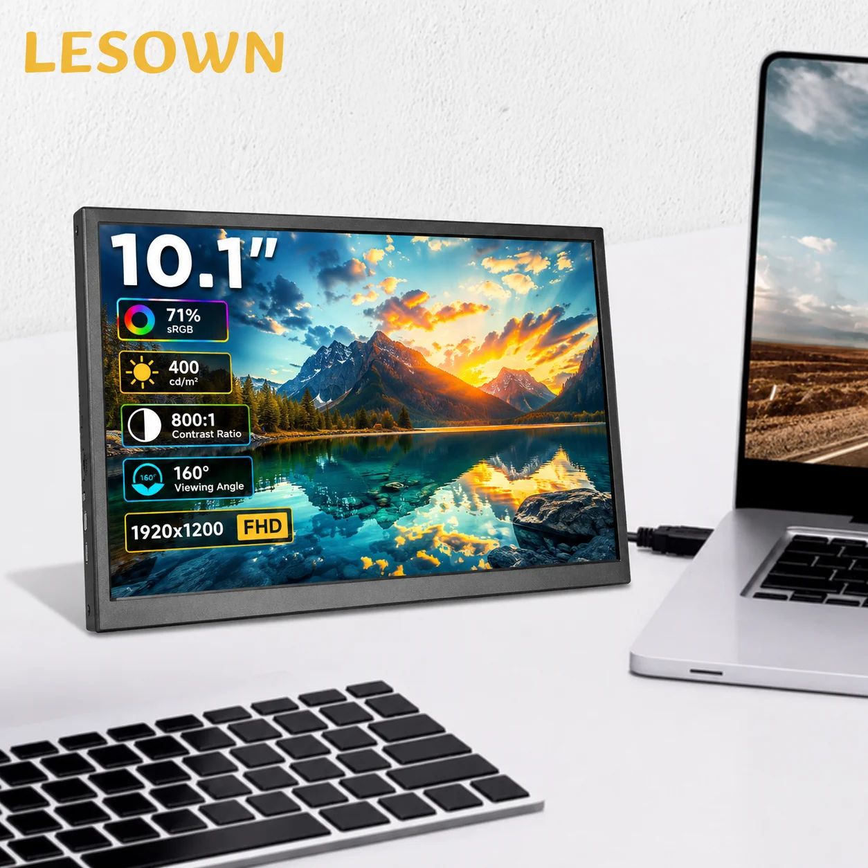 LESOWN 10.1 Inch 1920x1200 Portable Monitor Plug and Play 16:10 Travel Screen with Dual Type-C for Laptop