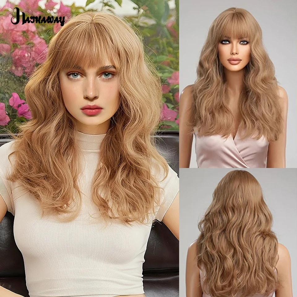 HA 20 Inch Wavy Wig Female Synthetic Gamboge Short Wavy Wig Fluffy Natural Party Role-playing Hair Full Head Wig Daily Wear Wig