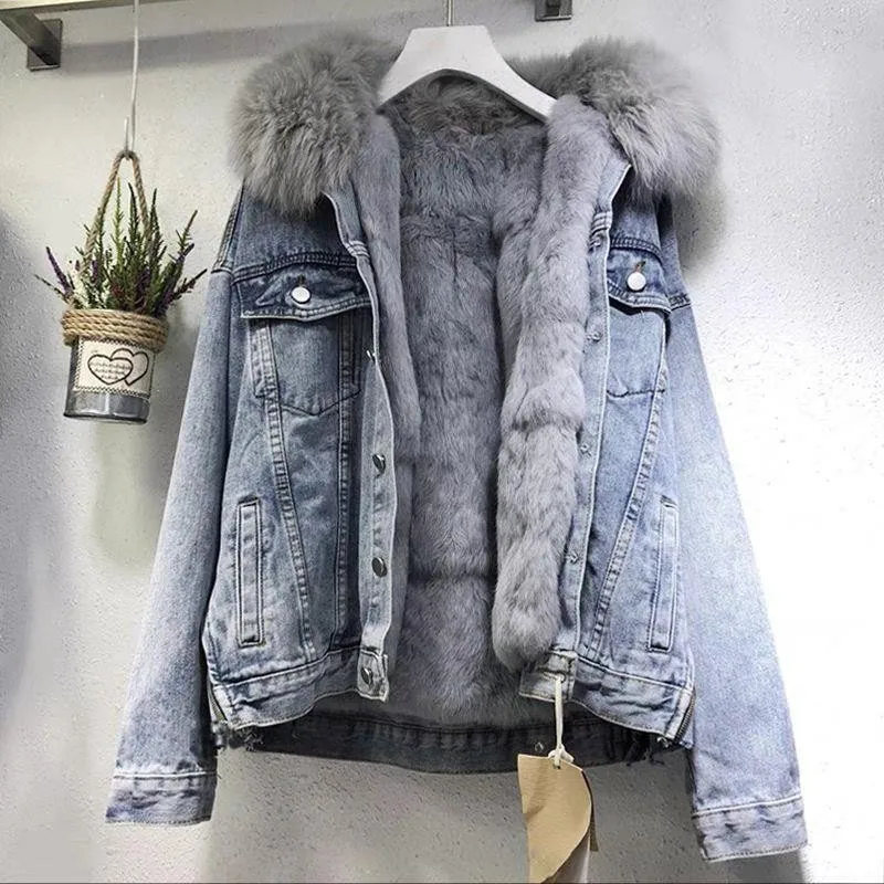 

Plush and Thick Denim Jacket for Women Winter Fashion Fur Collar Loose Oversize Coat Parka Warm Furry Bomber Jacket Windbreaker