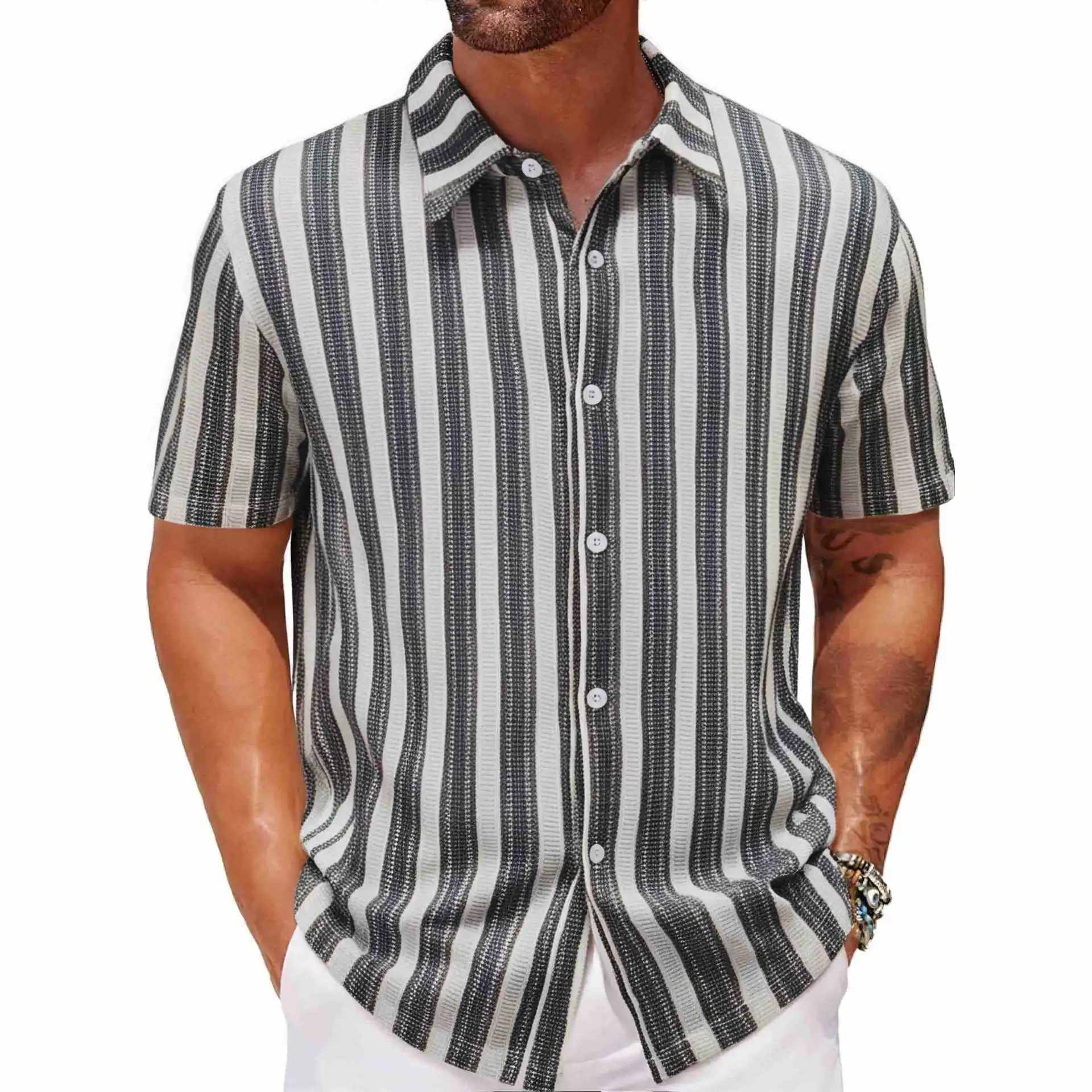 2025 Summer Men's Beach Casual Shirt Striped Short Sleeve Collar Shirt for Men Hawaiian Style