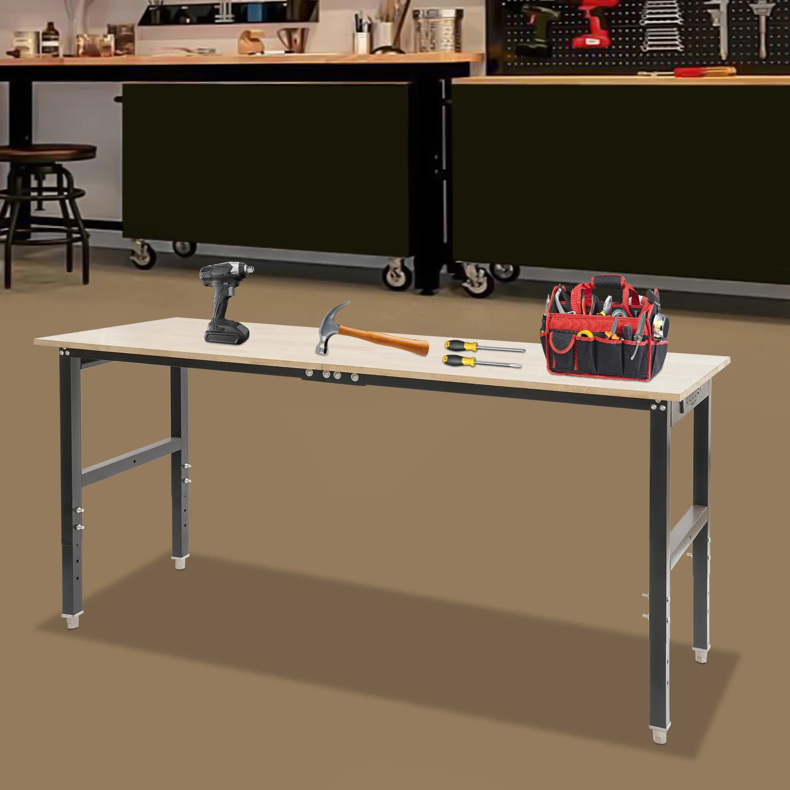 Adjustable Workbench with Power Outlets, Heavy-Duty Work Table 3000 Lbs Capacity, Workbench Woodworking Tool 72x25 Inch Desktop