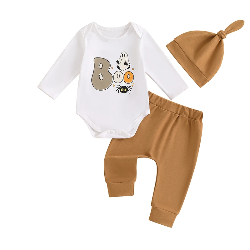 

Newborn Baby Boy Halloween Outfit Ghost Pumpkin Long Sleeve Romper with Pants Hat Coming Home Clothes