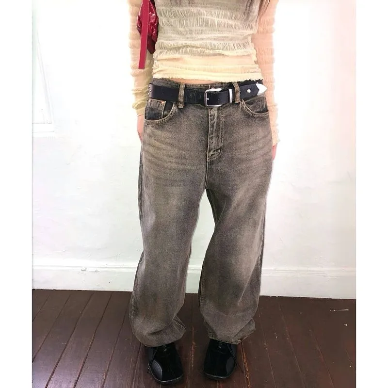 Damskie szare jeansy Y2k w stylu streetwear, boyfriend jeansy, vintage Harajuku, luźne spodnie dżinsowe, ubrania w stylu japońskim z lat 2000.
