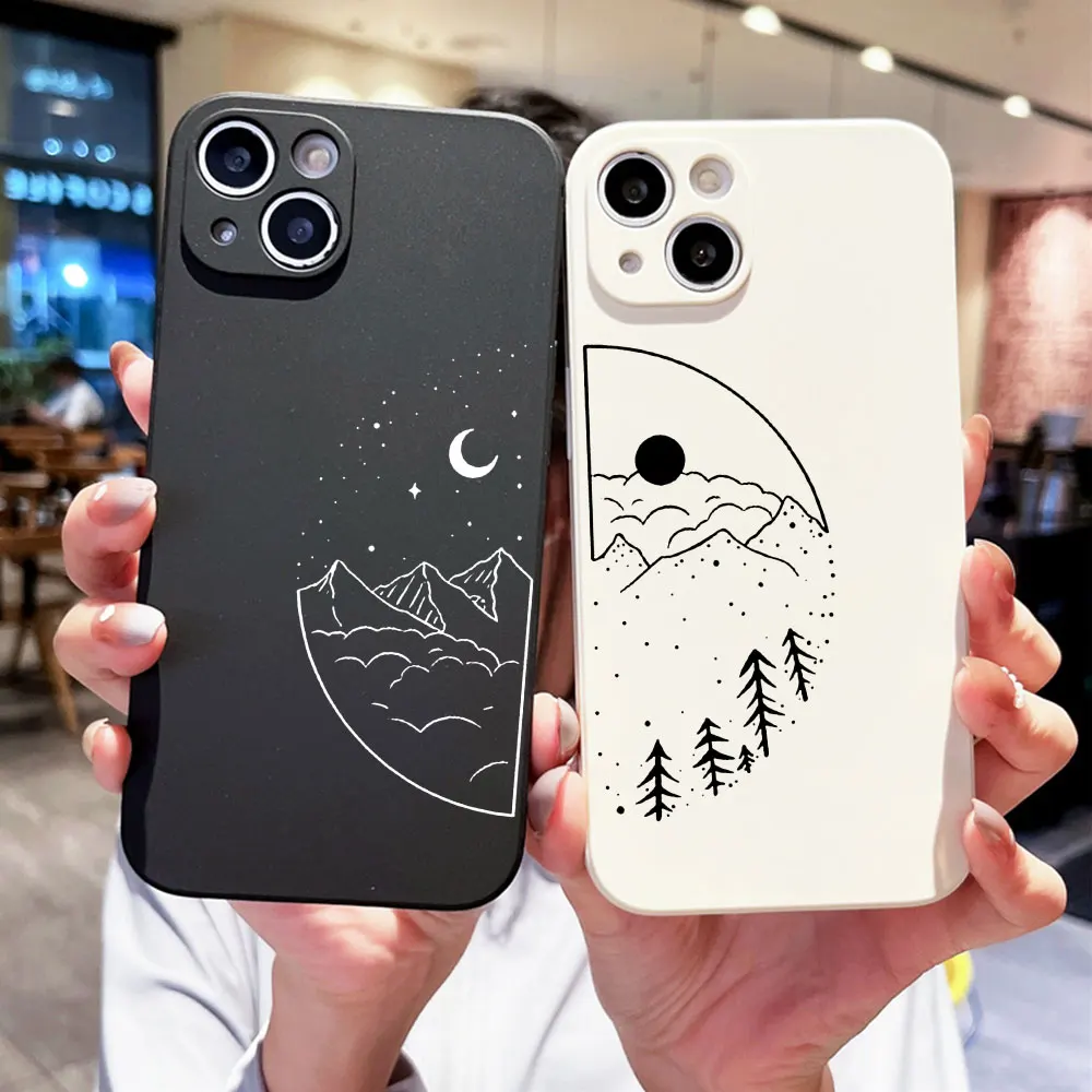 Couple Cartoon Aesth Sun Moon Phone Case for IPhone 15 14 13 12 11 Pro Max X XR 7 8 14Plus SE20 Silicone Shockproof Cover Fundas