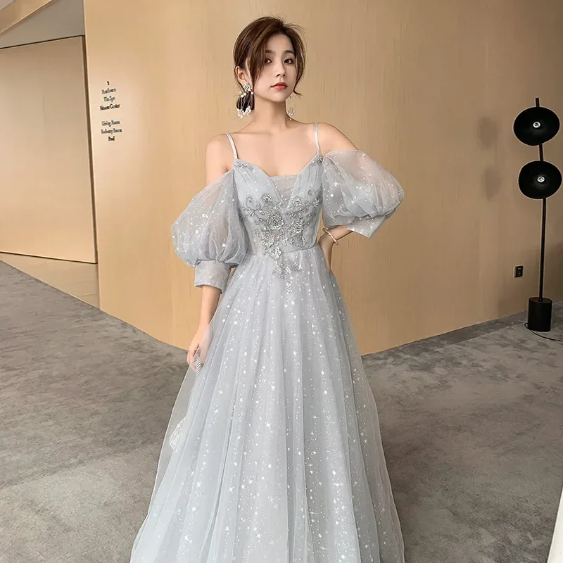 Temperament Bridesmaid Dress Lantern Sleeve Evening Party Fairy Stage Show Elegant Banquet Dress A-line Maxi Dress