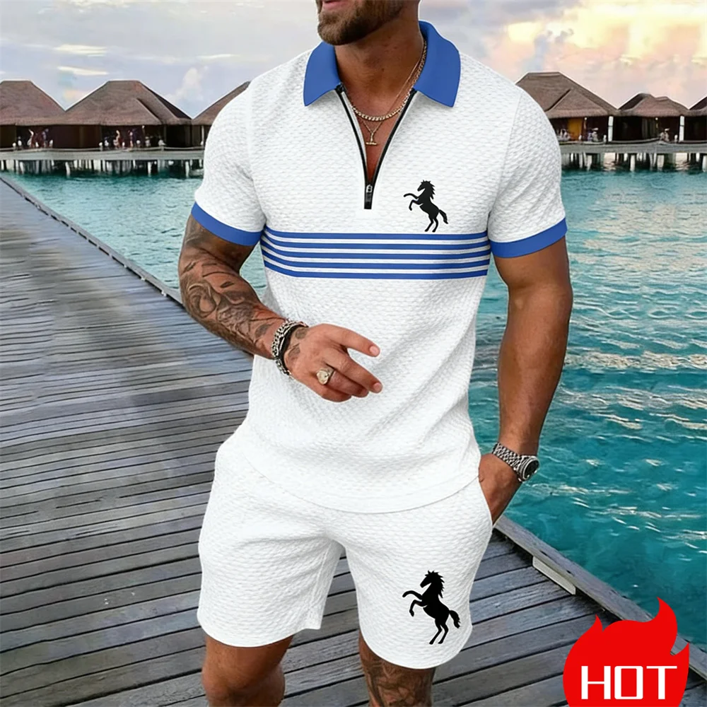 

Летний 3D-костюм с полосатым принтом в виде лошади, 2 предмета, для мужчин, комплект поло и шорты, для отдыха на курорте, модный спортивный костюм для мужчин, комплект из 2 предметов.