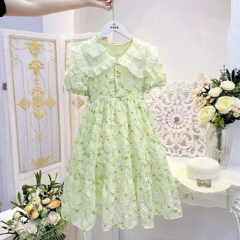 Girls Maxi Dresses Kids Outfits Baby Bow Print Dresses Summer Teens Short Sleeve Wedding Princess Costumes 4 5 6 7 8 9 12 Years