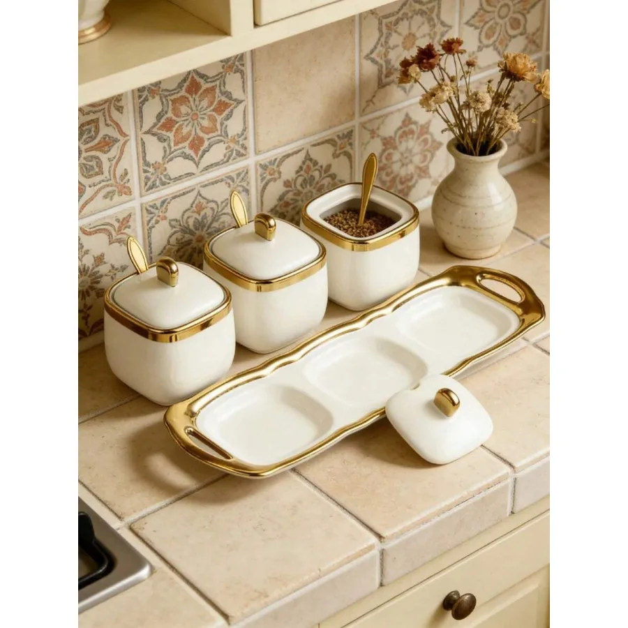 

Milky Way 3PCS Porcelain Condiment Jars With Lids Ceramic Spice Containers Sugar Bowls Set Kitchen Seasoning Storage Pots Food