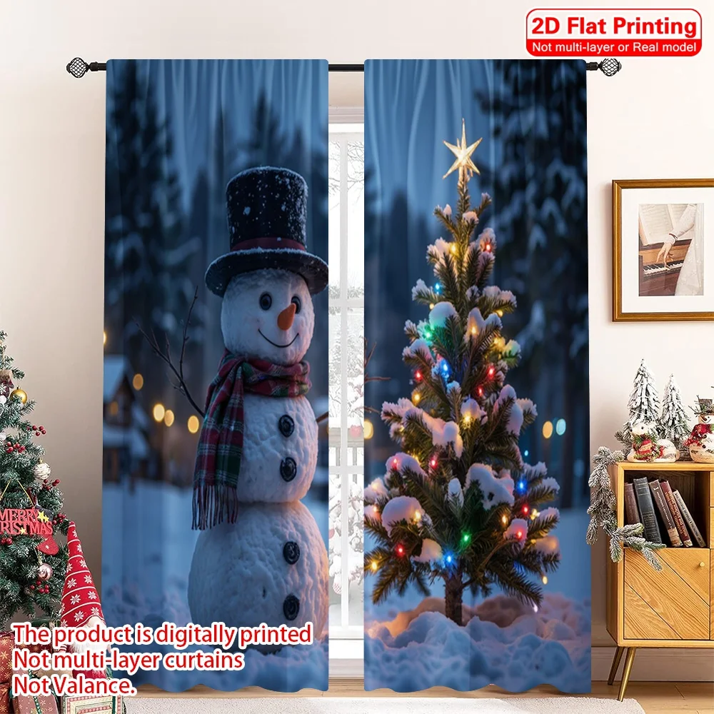 

2pcs 2D flat printing Merry Christmas Party Curtains Winter Snowman Christmas Tree 100% Polyester Without Electricity Festive