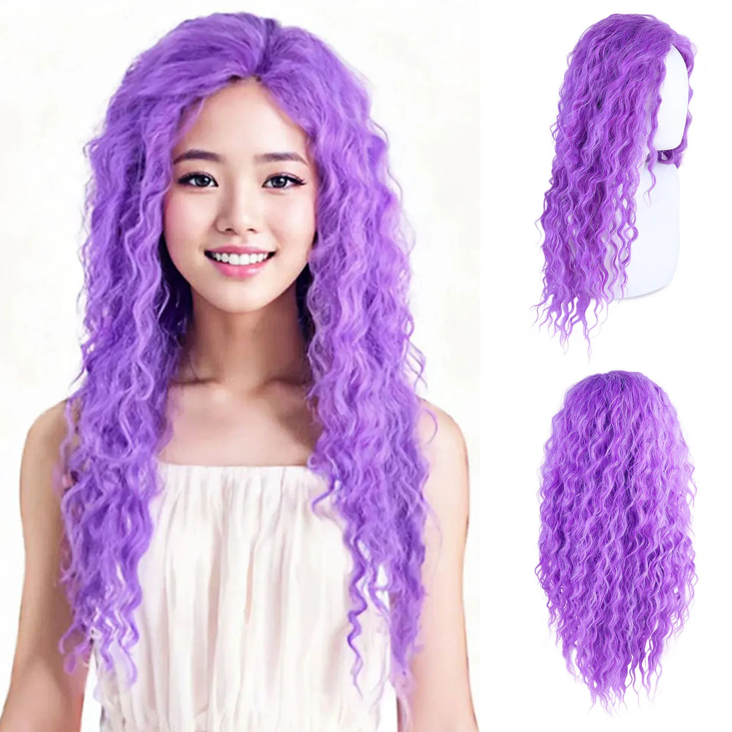 女性用パープルウィッグ-合成繊維-26インチ-ロング-パープルウィッグ-カール-ウェーブ-自然な見た目-ウィッグ-日常使い-パーティー-ハロウィン-コスプレ用