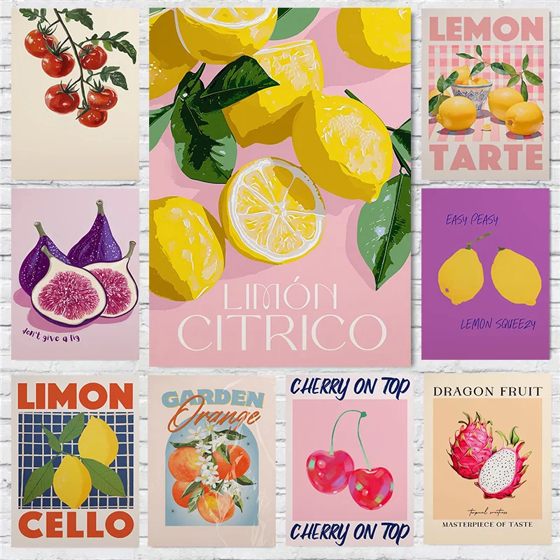 Lemon Dragon Fig Fruit Pink Cherry Tomato Strawberry Poster Print Wall Art Pictures Canvas Painting Living Room Home Decor Gift
