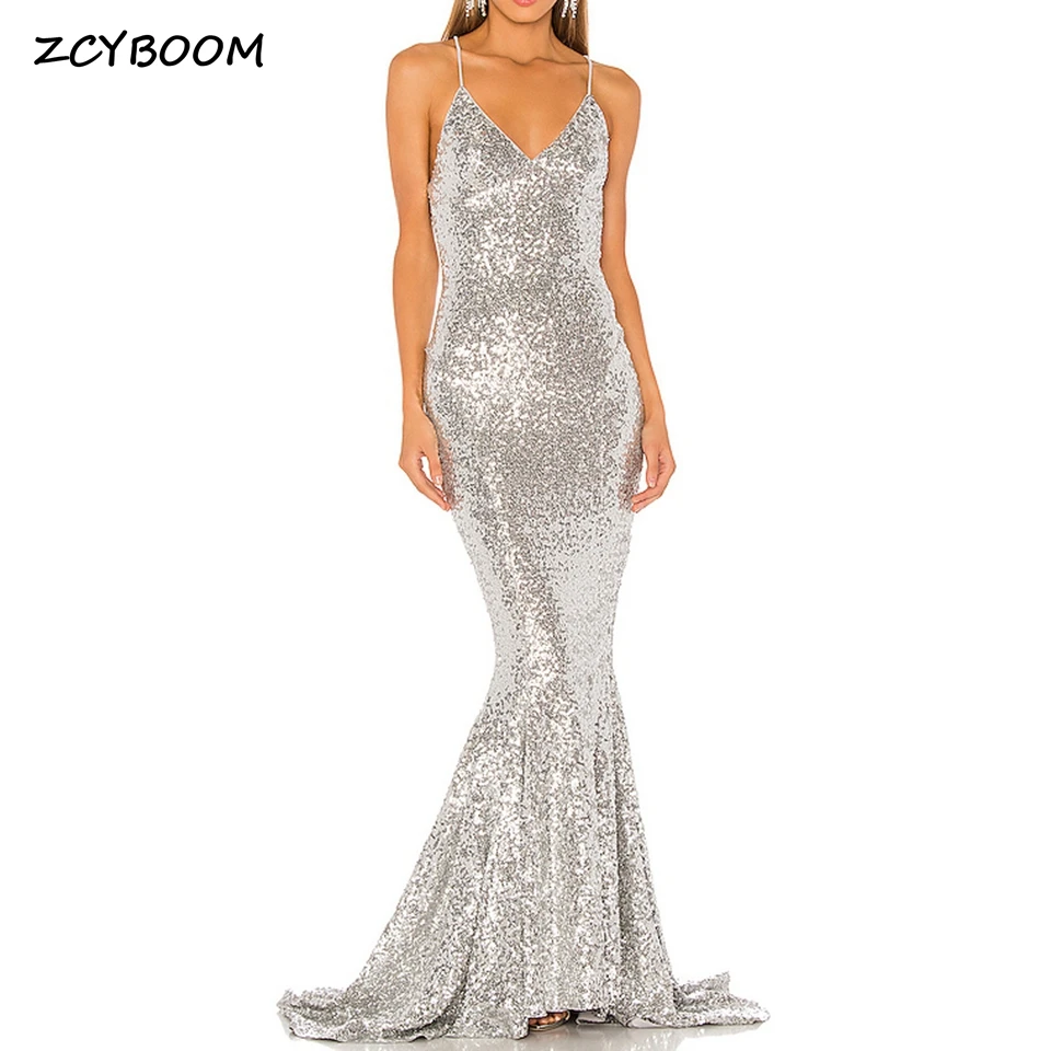 

Charming V-Neck Sequin Open Back Evening Dresses 2023 Mermaid Spaghetti Strap Floor Length Sweep Train Zipper Party Dress