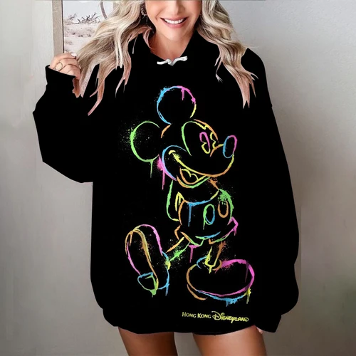 Sudadera con capucha de Mickey Mouse de Disney para mujer, Sudadera con capucha de manga larga para otoño/invierno, sudadera informal cómoda con estampado de grafiti de neón