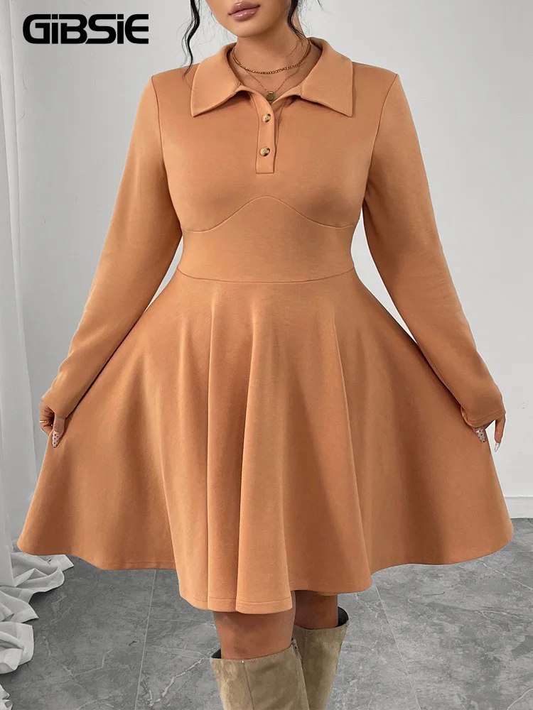 GIBSIE Plus Size Button Lapel Collar A-Line Dress Women 2025 Autumn and Winter High Waist Long Sleeve Casual Big Swing Dresses