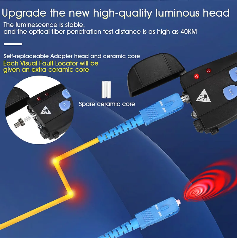 

Визуальный локатор неисправностей 40 км, улучшенный, с мощным источником света, для тестирования оптоволоконных линий, инженерный инструмент, 2.5 мм, 650 нм