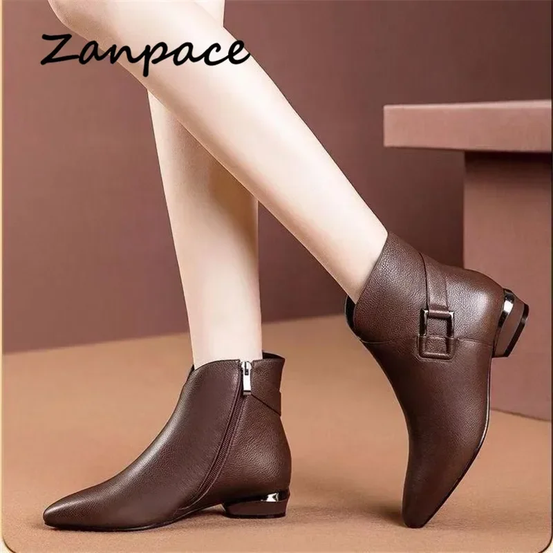 2024 Winter Fashion Women Boots Zipper Retro Leather Plus Velvet Shoes Thick Heel Ankle Boots Plus Size 41. High Heels Shoes