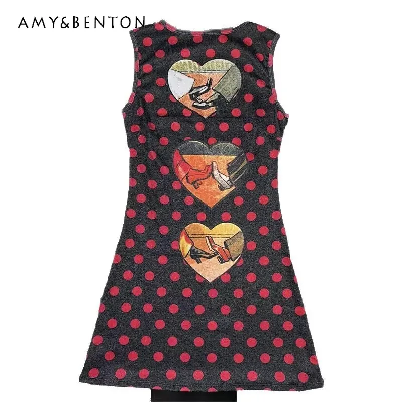 

American Retro Slimming Cute Polka Dot Heart Print Women's Dress New Short Sweet Cool Hot Girl Sleeveless Vest Dresses Ladies