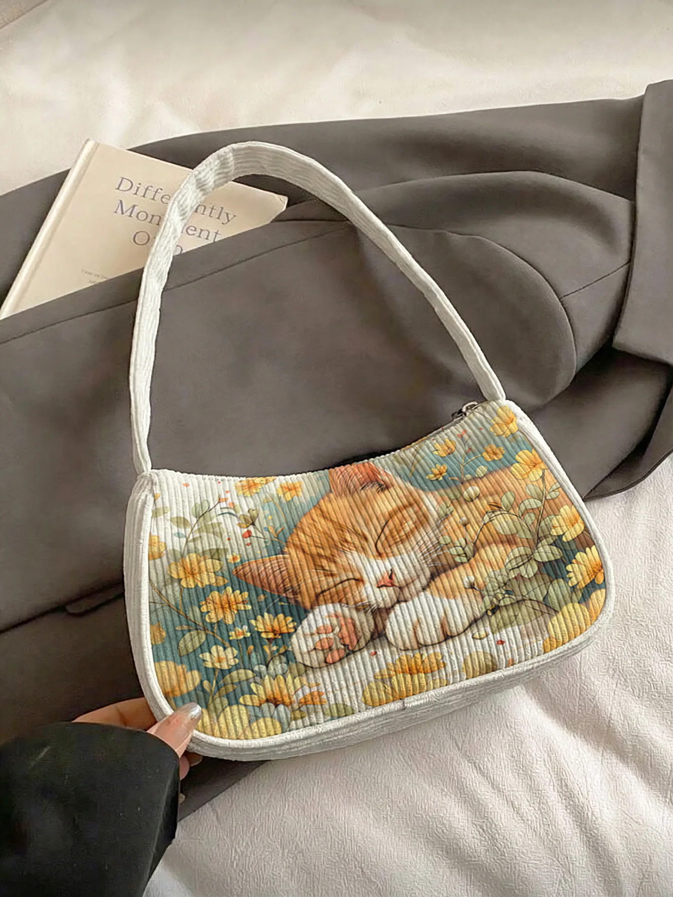 Trendy Cozy Sleeping Orange Cat & Floral Print Shoulder Bag, Corduroy Underarm Bag