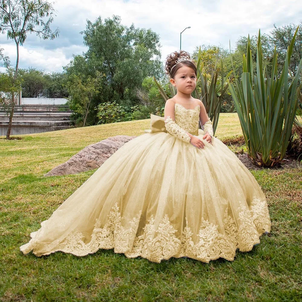 Champagne Tulle Flower Girl Dress For Wedding Long Sleeves With Bow Puffy Floor Length Princess Kids First Communion Gown