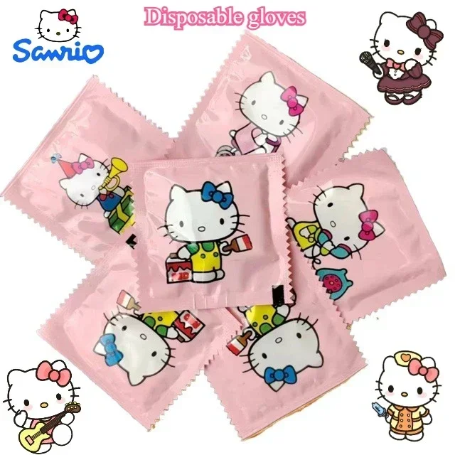100 Uds Sanrio Hello Kitty Kawaii guantes desechables portátiles gruesos patrón de dibujos animados embalaje independiente al por mayor