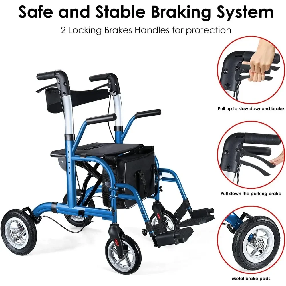 Rollateur 2 en 1 pour personnes âgées, trotteur médical avec siège, fauteuil roulant de transport pliant, grand arrière en PU de 10 po