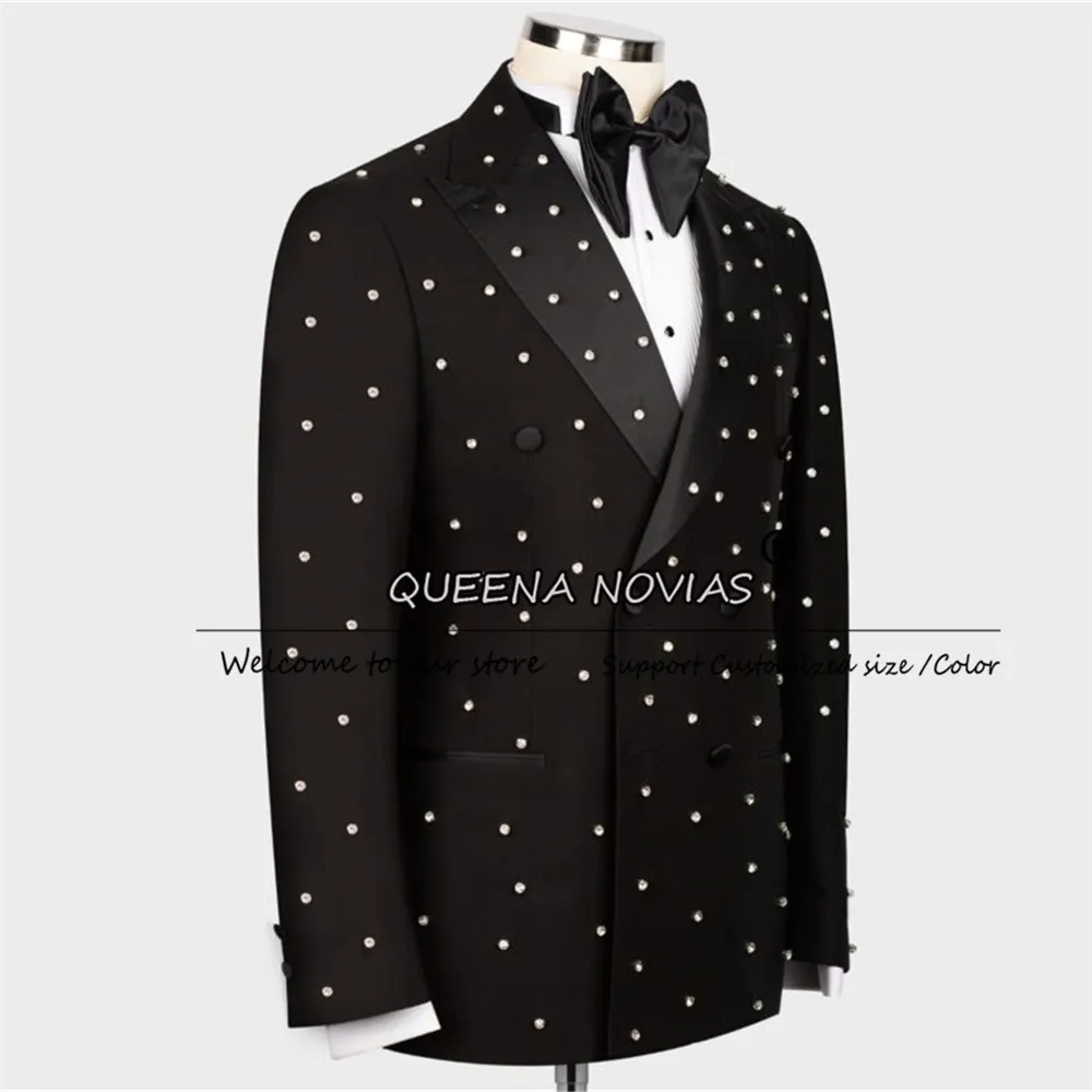 남성용 고급 웨딩 정장, 실버 크리스탈 비딩 재킷 팬츠 세트, 신랑 예복 턱시도, 슬림핏 맞춤 더블 브레스티드 블레이저