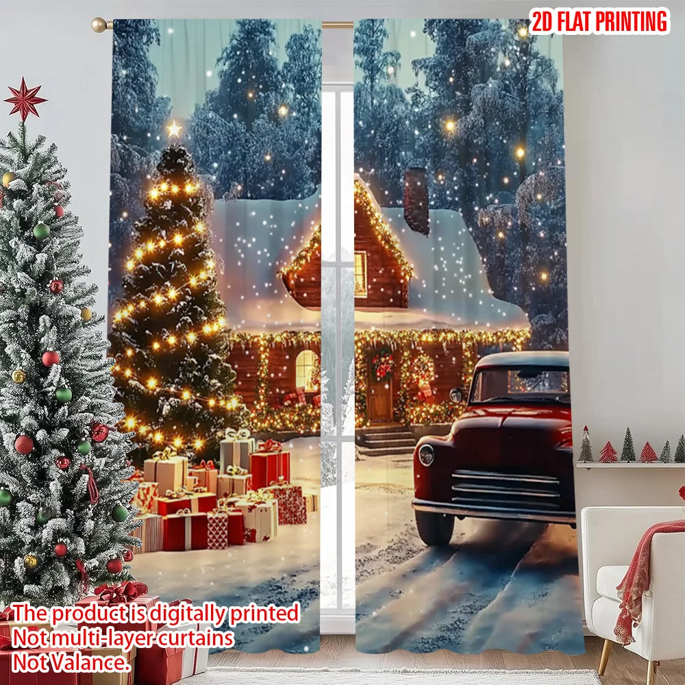 

2pcs 2D flat printing Merry Christmas Curtain Christmas Winter Lodge Fabric Without Electricity Festive Wall Decor for Holiday