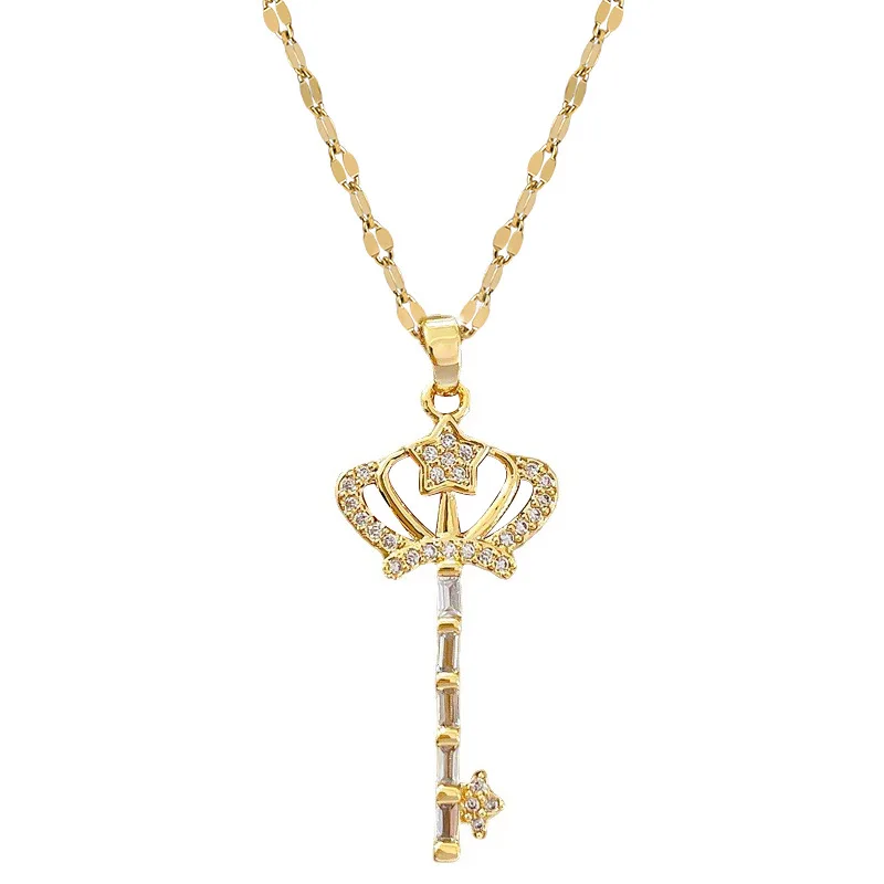 1 PC Crown Key Pendant Necklace Clear Rhinestone Gold Color Stainless Steel Queen Key Choker Timeless Jewelry For Women 45cm