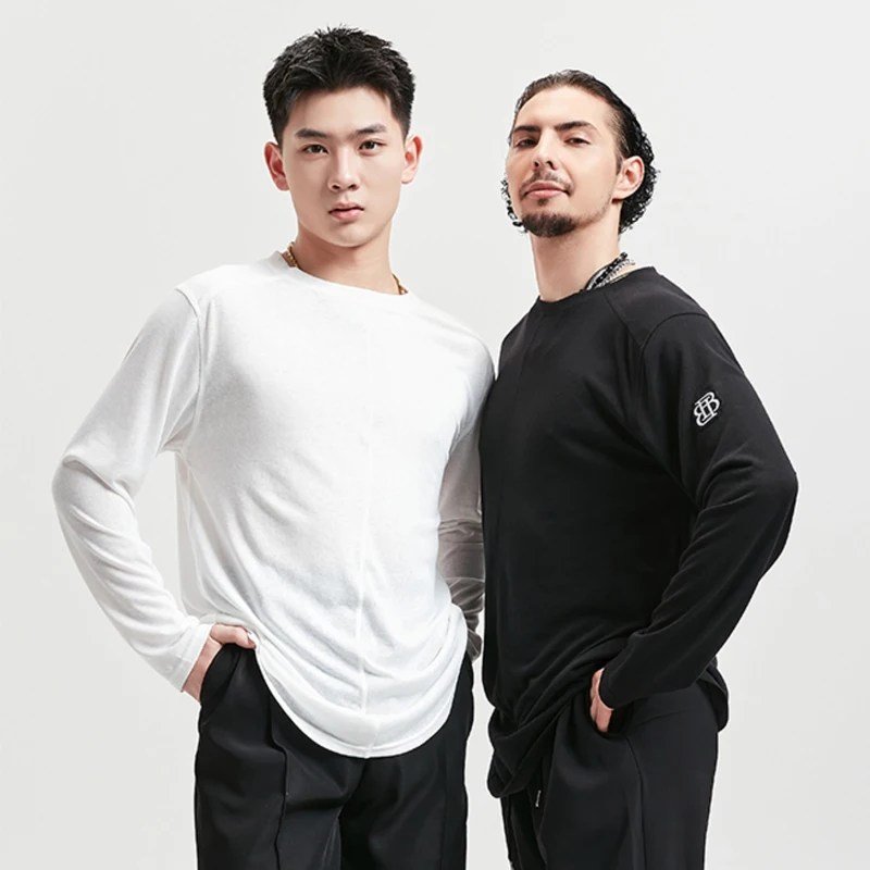 

New Men Salsa Latin Dance Practice Clothes White Black Round Neck Long Sleeves T Shirt Rumba Cha Cha Dance Training Tops BL14901