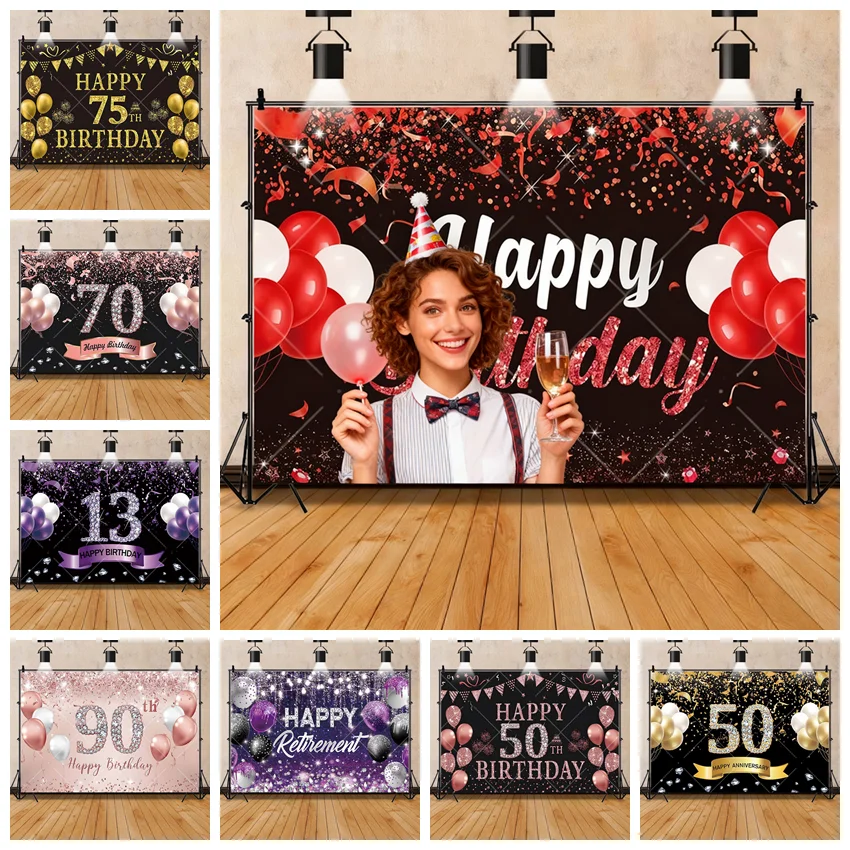 

Happy Birthday Background Banner Red Balloon Fantasy Pink Ladies Party Decoration Photo Photography Background Curtain Props