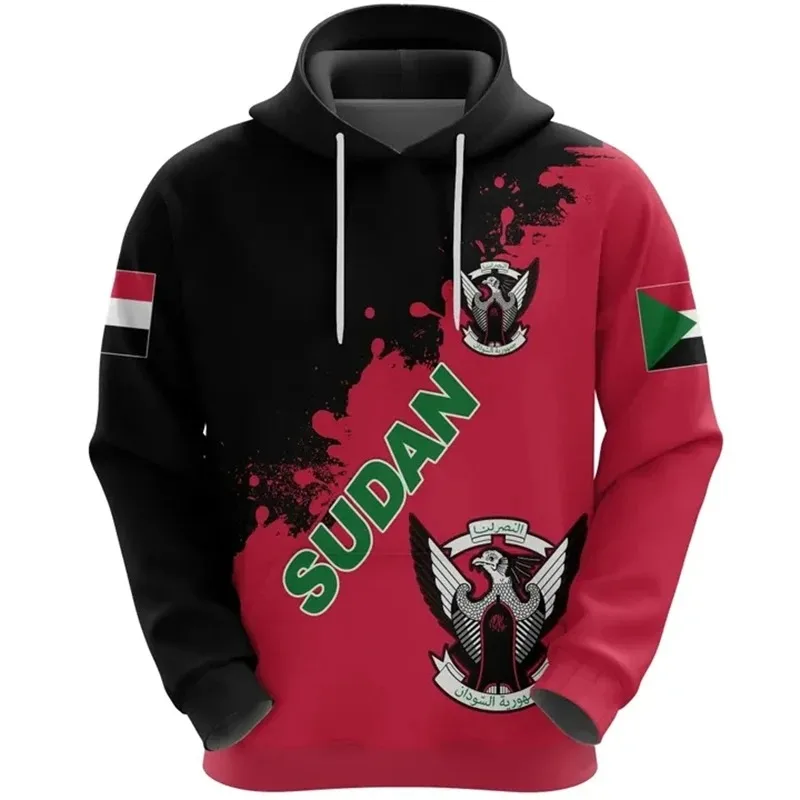 

2025 African Sudan Flag Map 3D Printing Hoodie Men's National Emblem Eagle Pattern Sportswear Casual Sportswear
