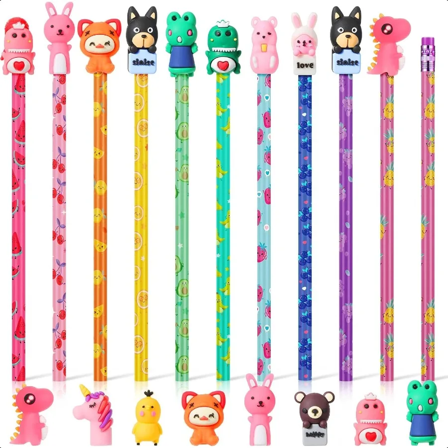 

60 Pcs Scented Pencils for Animal Fruit Fun Smelly Pencils Bulk HB Graphite with 60 Pcs Cute Cartoon Toppers Gift for School Of